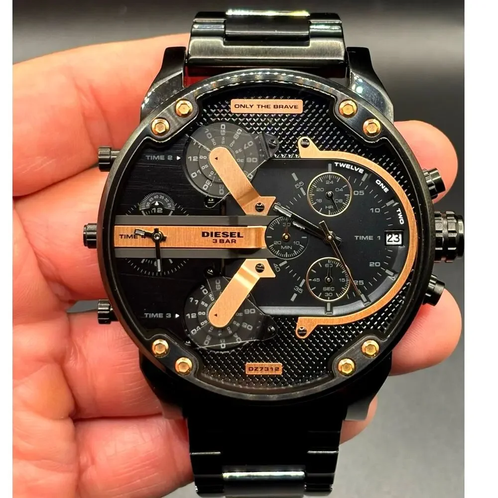 Diesel Mr Daddy 2.0 DZ7312 Black Rose Gold Dial Multi Time Zone Men's Watch